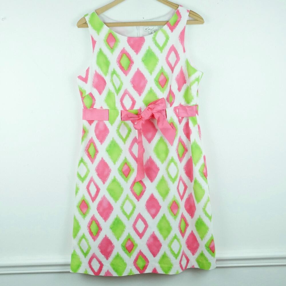 Vintage Size 12 Dress Y2K Preppy Country Club Pink Green Sheath Flirty Bow‎ 90s